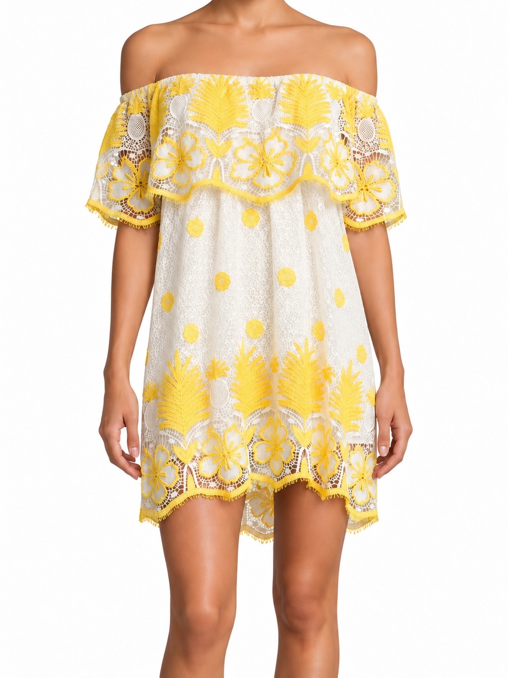 Miguelina Angelique Yellow White Embroidered Lace Off Shoulder Mini Dress XS